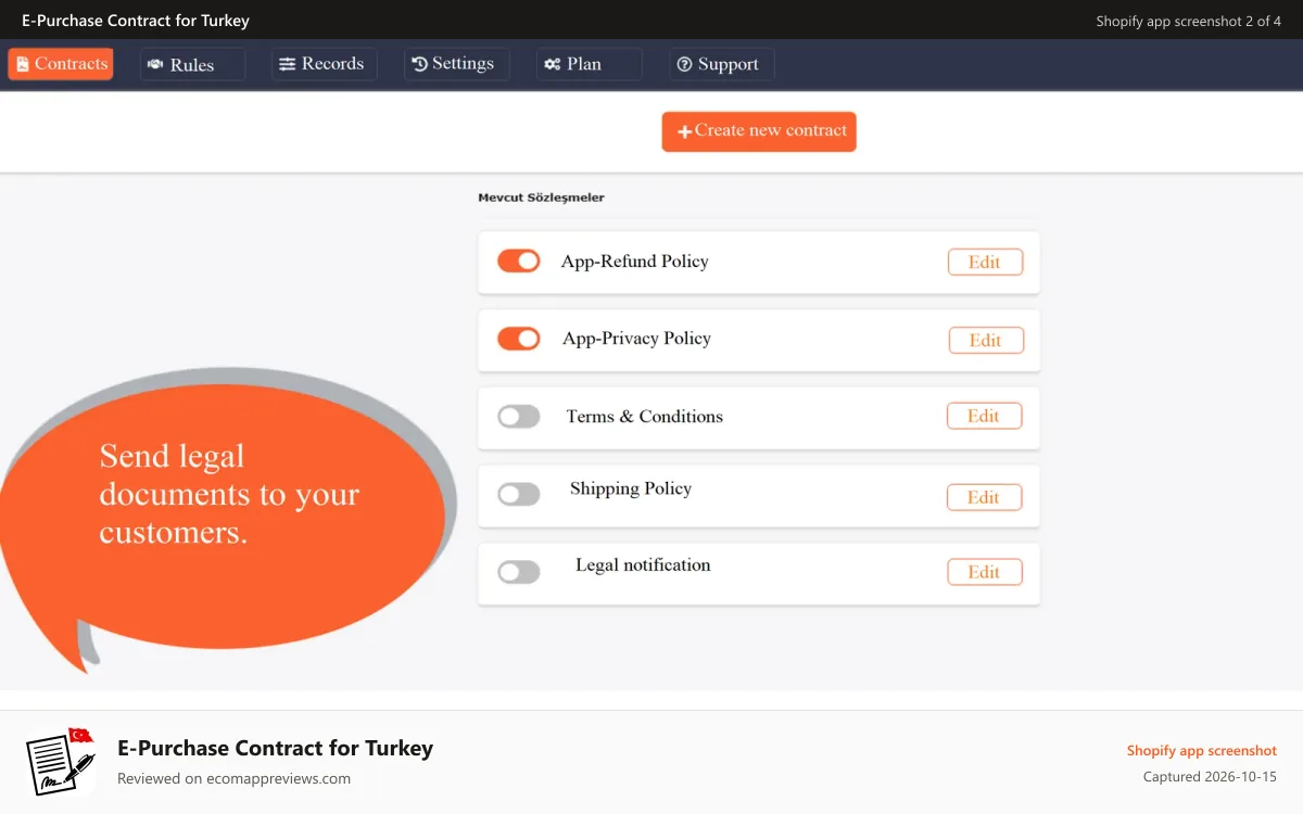 E‑Purchase Contract for Turkey Shopify app screenshot: Send post purchase legal mails to your customers.