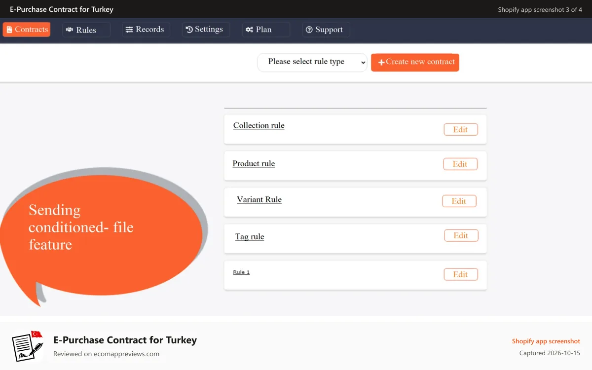 E‑Purchase Contract for Turkey Shopify app screenshot: You can set rules and send mails accordingly.