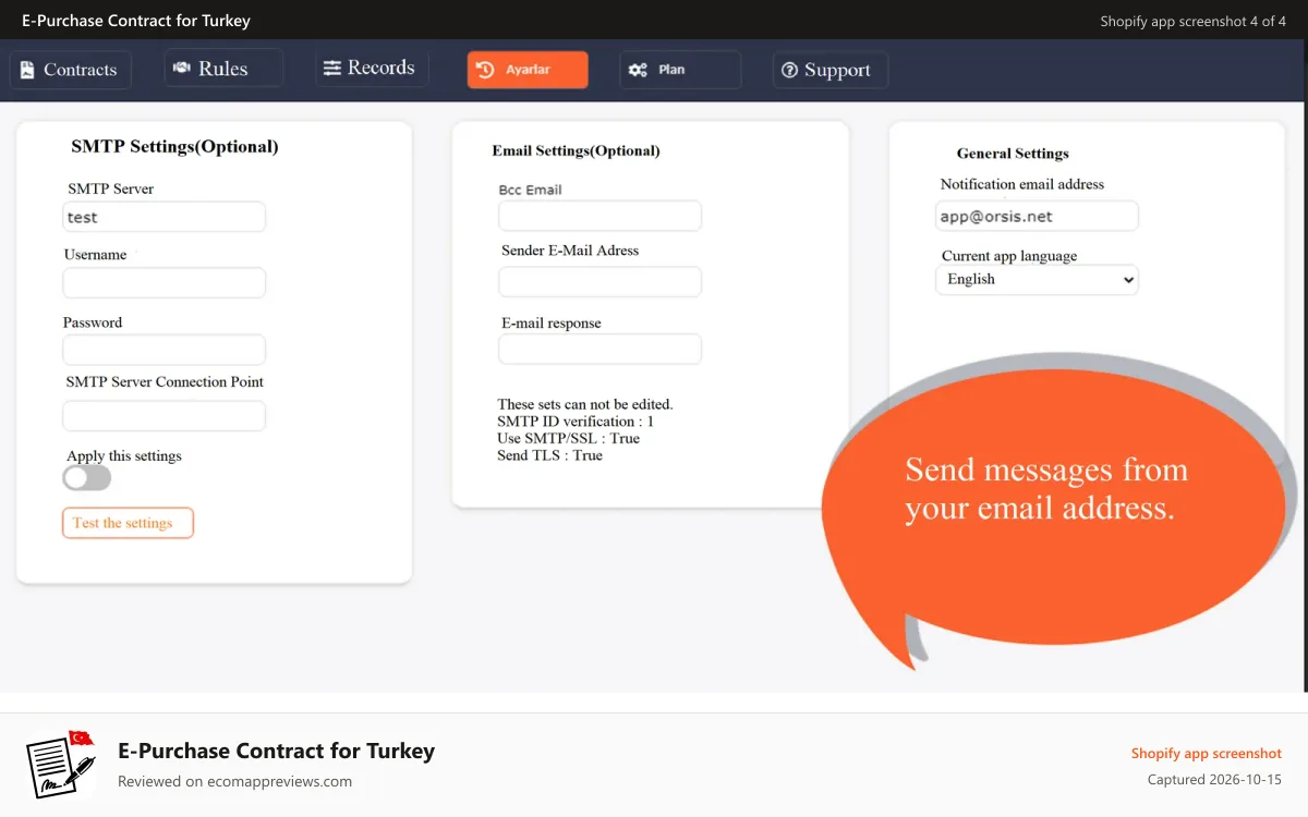 E‑Purchase Contract for Turkey Shopify app screenshot: Send message from your own domain name.