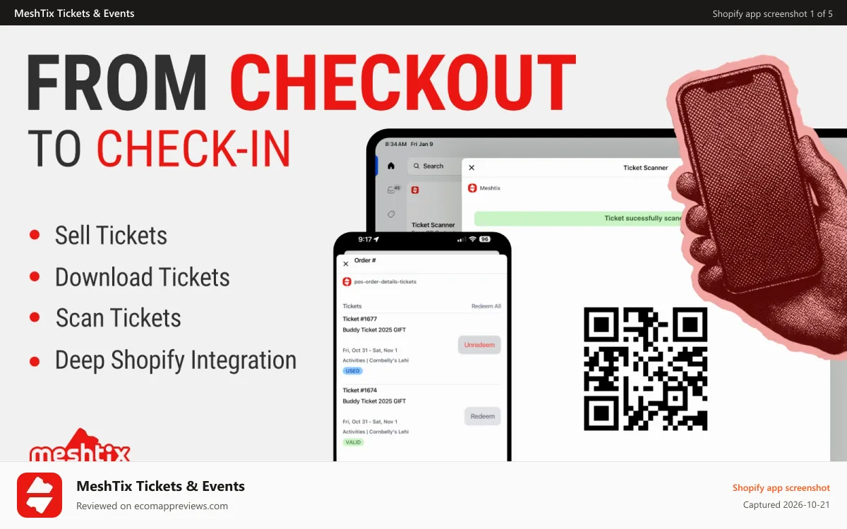 MeshTix Tickets & Events Shopify app screenshot: from checkout to check-in