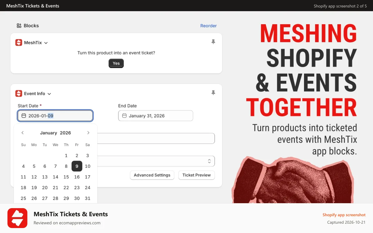 MeshTix Tickets & Events Shopify app screenshot: Meshing Shopify and events together