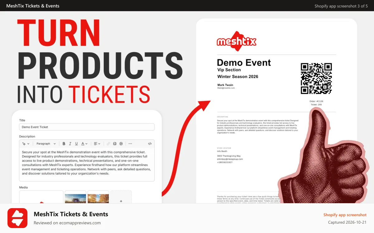 MeshTix Tickets & Events Shopify app screenshot: Turn products into tickets