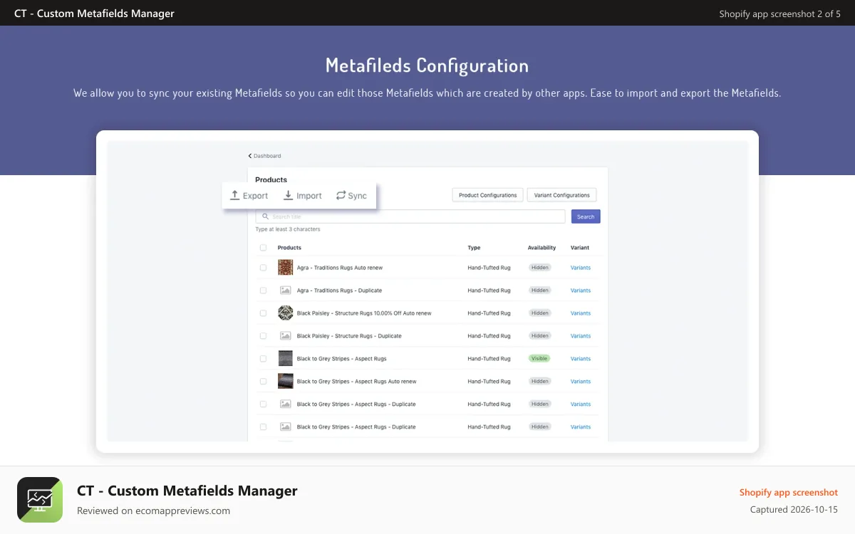 CT ‑ Custom Metafields Manager Shopify app screenshot: Custom Metafields Configuration by Crawlapps