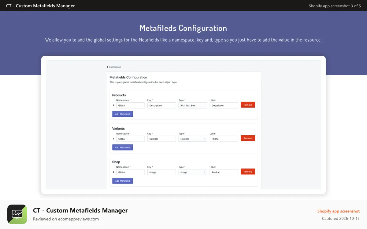 CT ‑ Custom Metafields Manager Shopify app screenshot: Custom fields editor metafields by Crawlapps