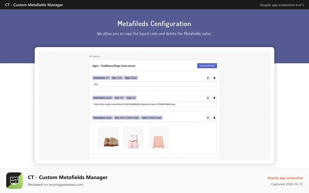 CT ‑ Custom Metafields Manager Shopify app screenshot: Global custom fields & metafields editor by Crawlapps