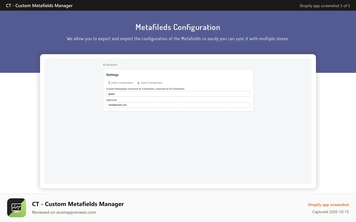 CT ‑ Custom Metafields Manager Shopify app screenshot: Custom Metafields Configuration by Crawlapps