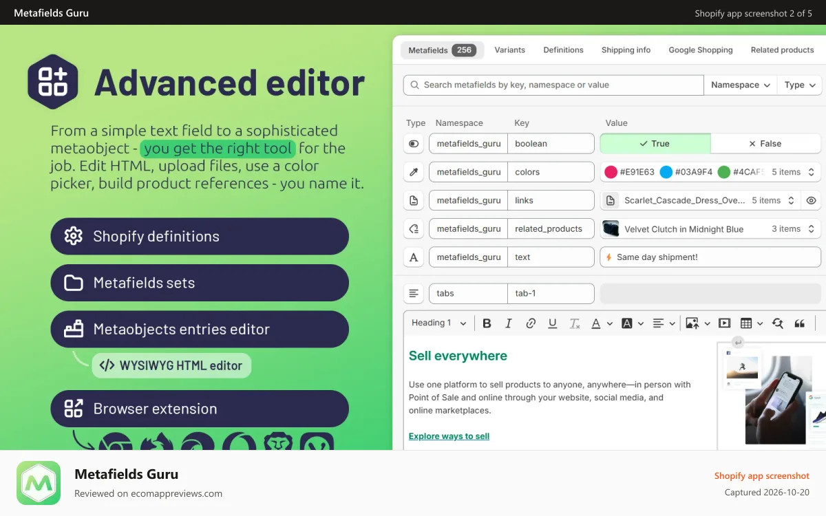 Metafields Guru Shopify app screenshot: Advanced editor and browser extensicon