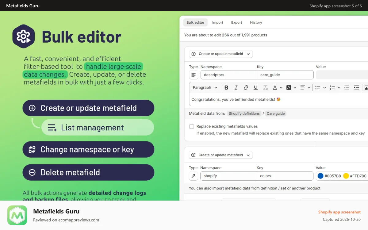 Metafields Guru Shopify app screenshot: Bulk editor
