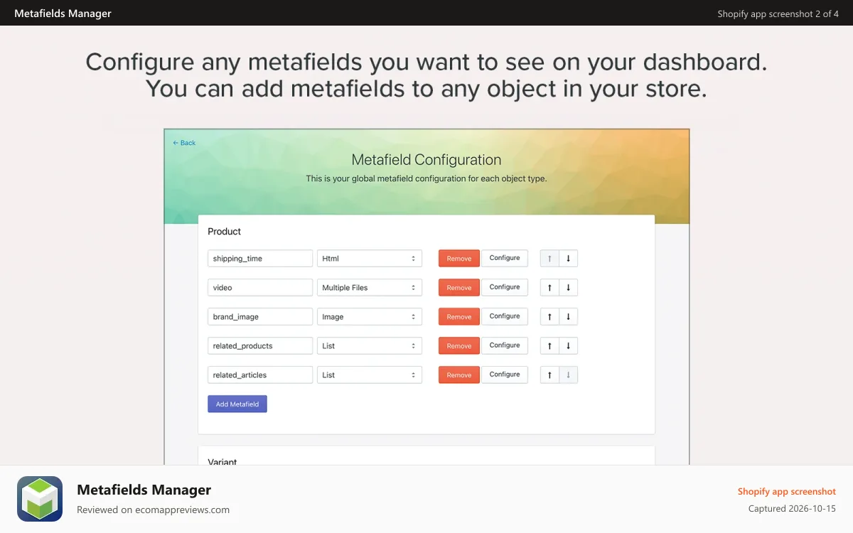 Metafields Manager Shopify app screenshot: Add the metafields you want to see on your dashboard. You can ad