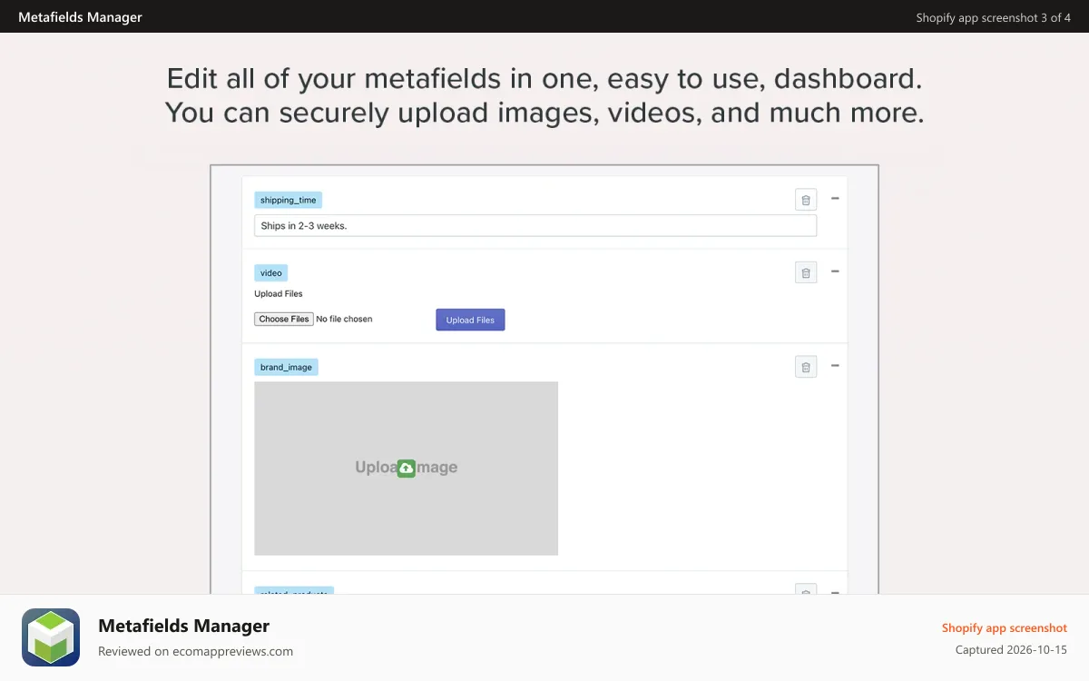 Metafields Manager Shopify app screenshot: Edit all your metafields in one, easy to use, dashboard. You can