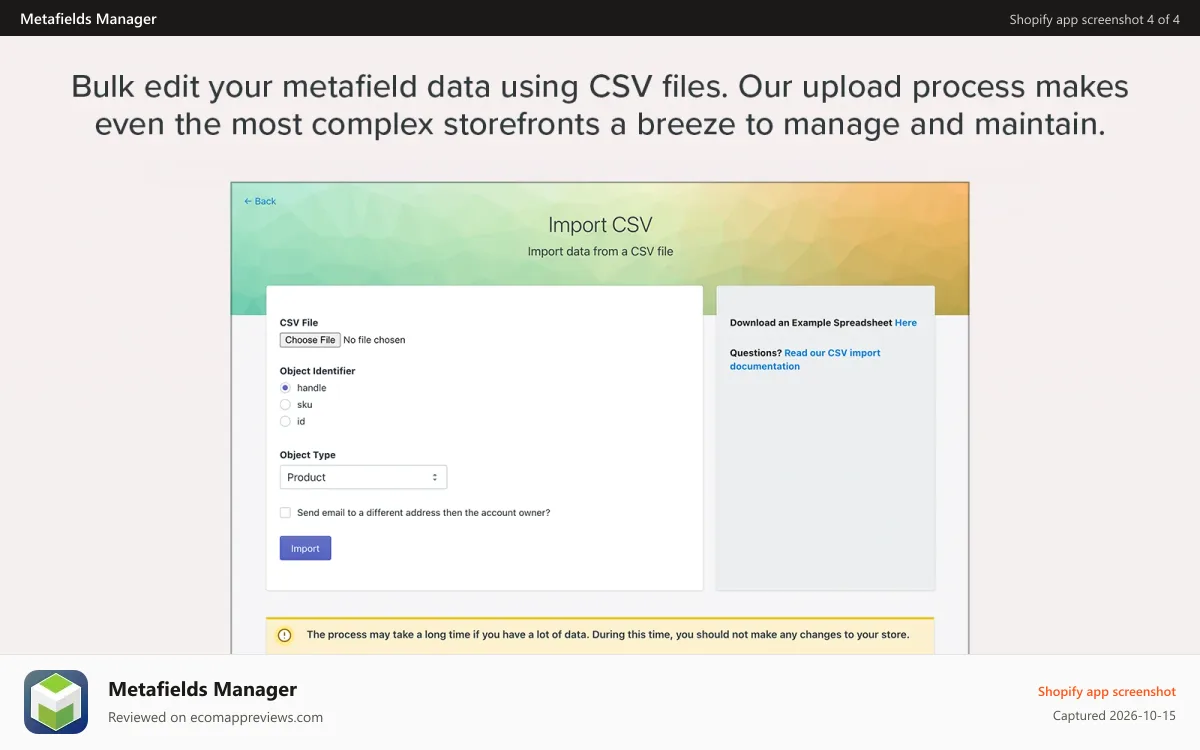 Metafields Manager Shopify app screenshot: Bulk edit your metafield data using CSV files. Our upload proces