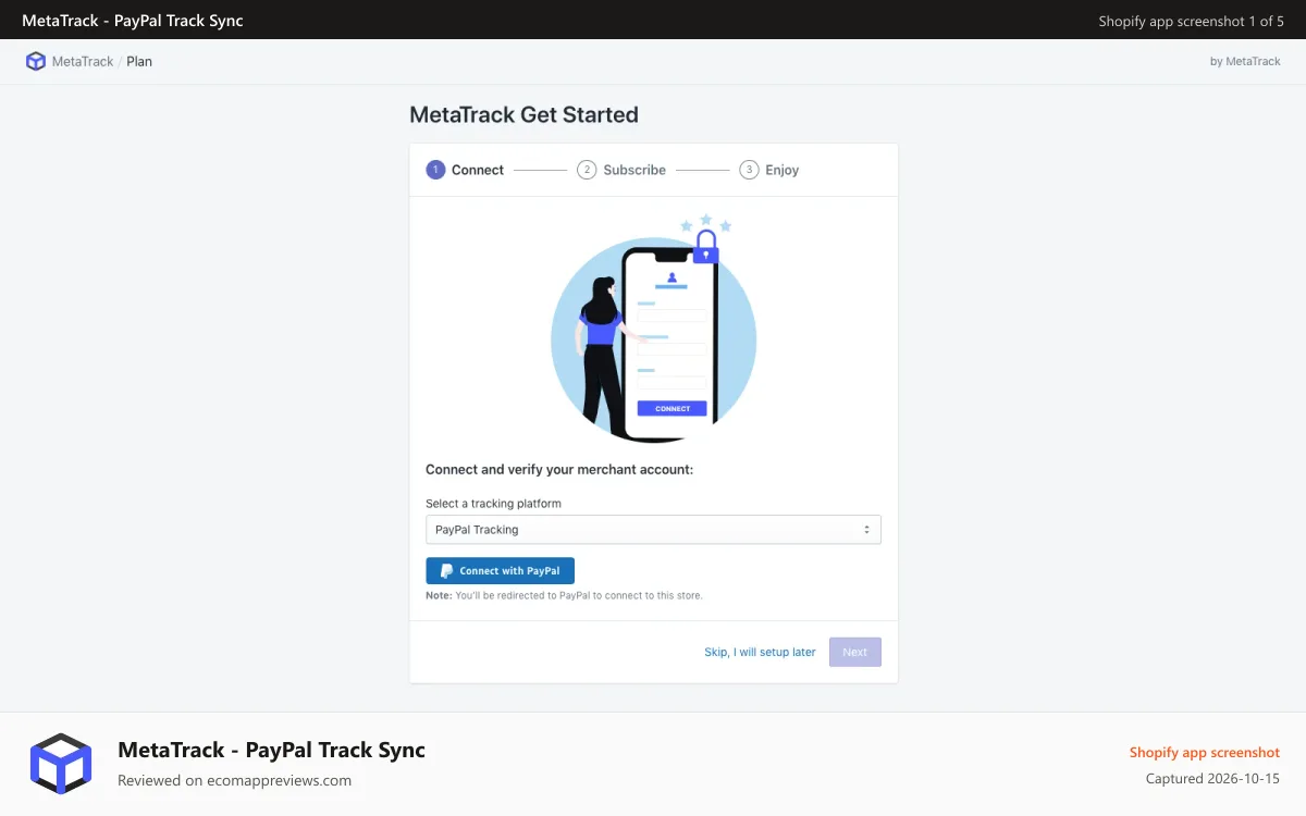 MetaTrack ‑ PayPal Track Sync Shopify app screenshot: Get Started