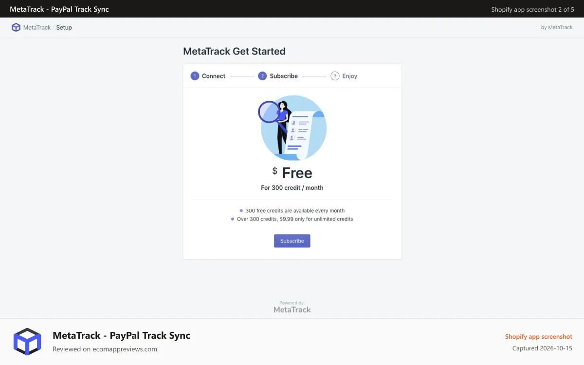 MetaTrack ‑ PayPal Track Sync Shopify app screenshot: Subscribe