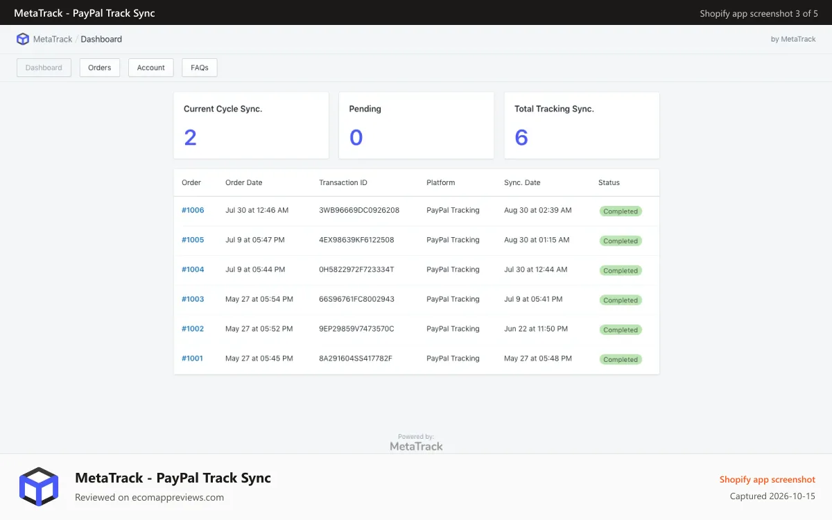 MetaTrack ‑ PayPal Track Sync Shopify app screenshot: Tracking List