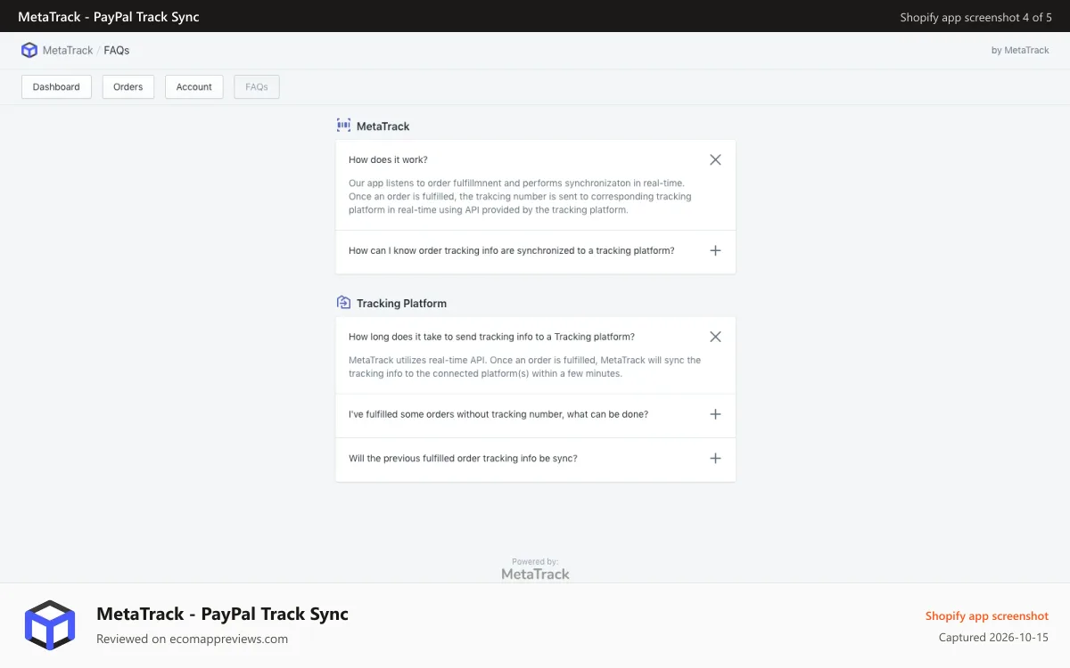 MetaTrack ‑ PayPal Track Sync Shopify app screenshot: FAQs
