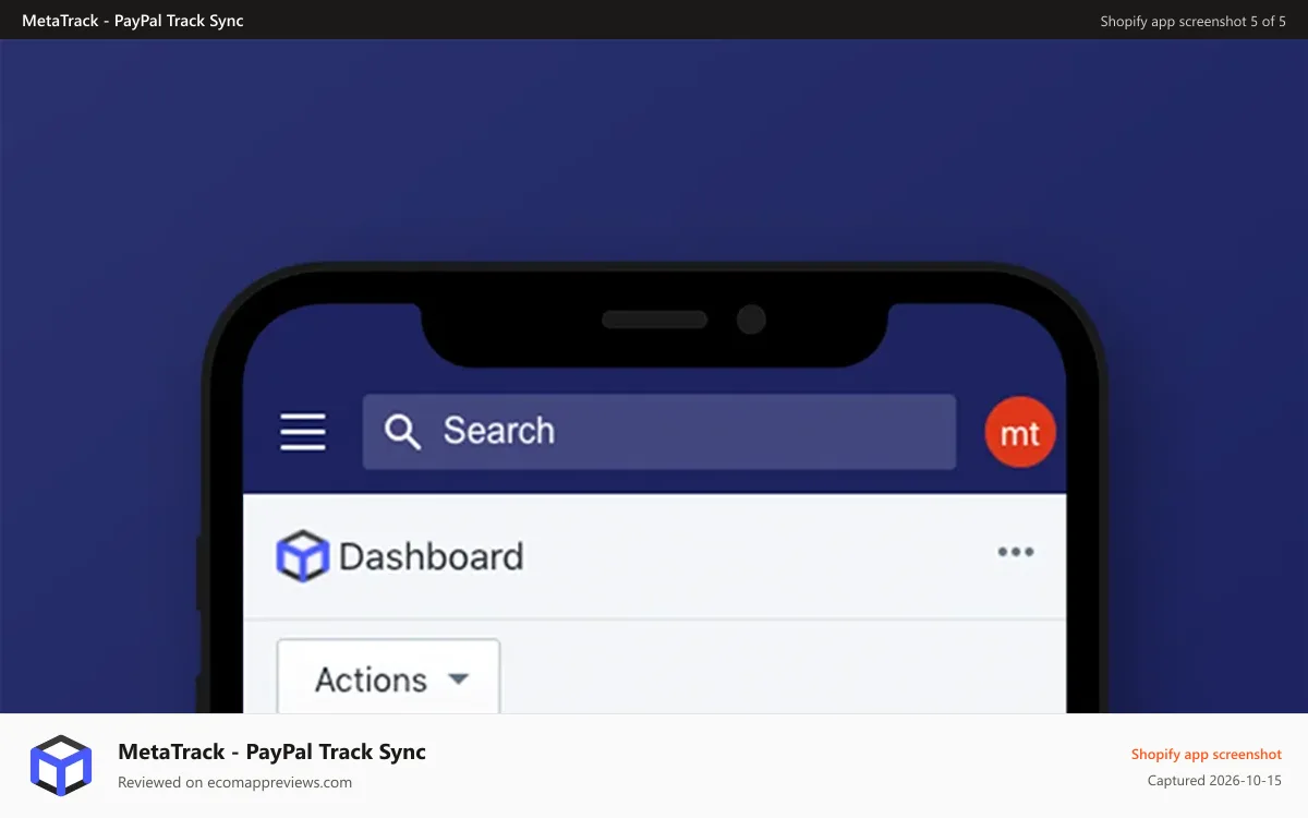 MetaTrack ‑ PayPal Track Sync Shopify app screenshot: Dashboard