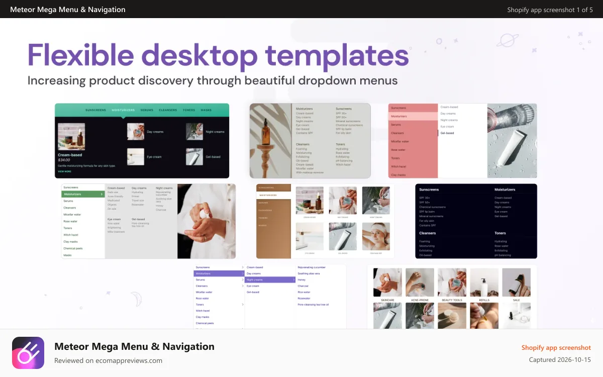 Meteor Mega Menu & Navigation Shopify app screenshot: Flexible mega menu styles with multi tier dropdown navigation