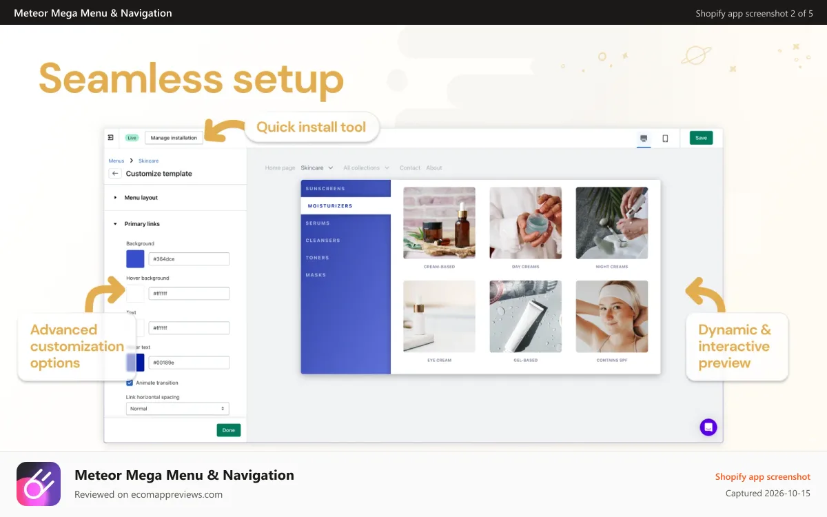 Meteor Mega Menu & Navigation Shopify app screenshot: Seamless setup, quick install, and dynamic preview menus.