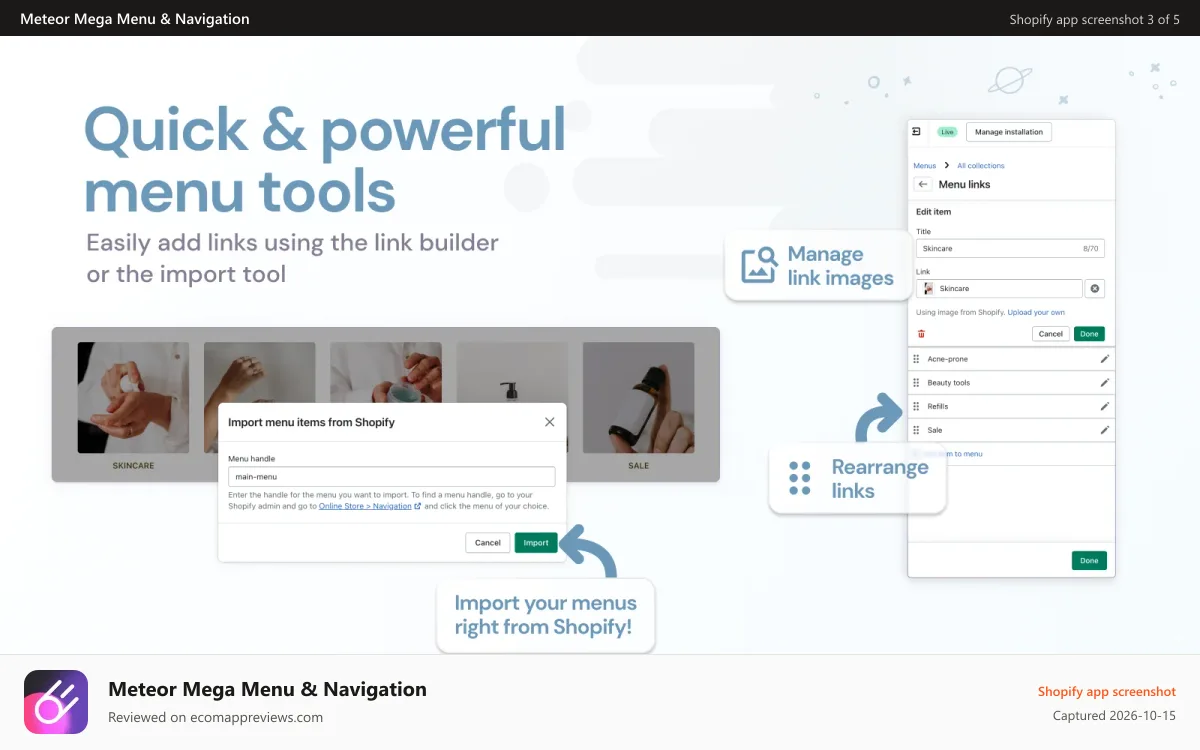 Meteor Mega Menu & Navigation Shopify app screenshot: Import Shopify navigation and menu settings, quick and easy