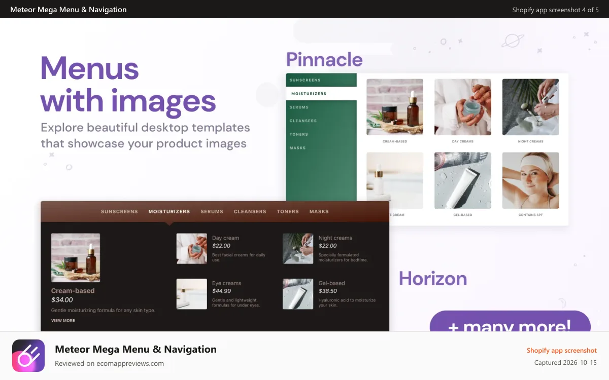 Meteor Mega Menu & Navigation Shopify app screenshot: Add images to your menus and navigation, product or collections