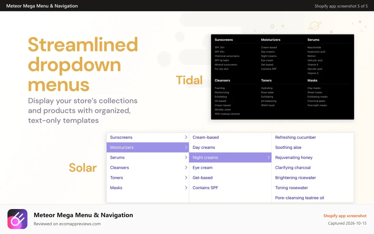 Meteor Mega Menu & Navigation Shopify app screenshot: Streamlined dropdown menus to organize and display large catalog
