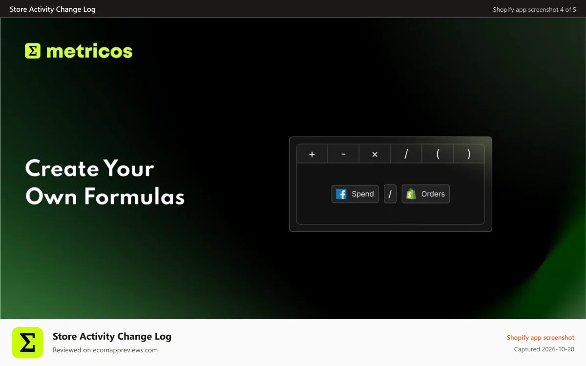 Store Activity Change Log Shopify app screenshot: Create Your Own Formulas