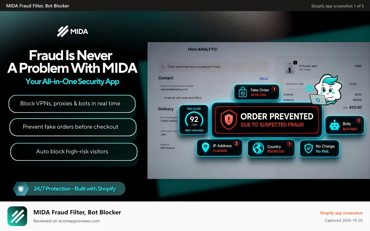 MIDA Fraud Filter, Bot Blocker Shopify app screenshot: The All-in-One Fake Order Blocker