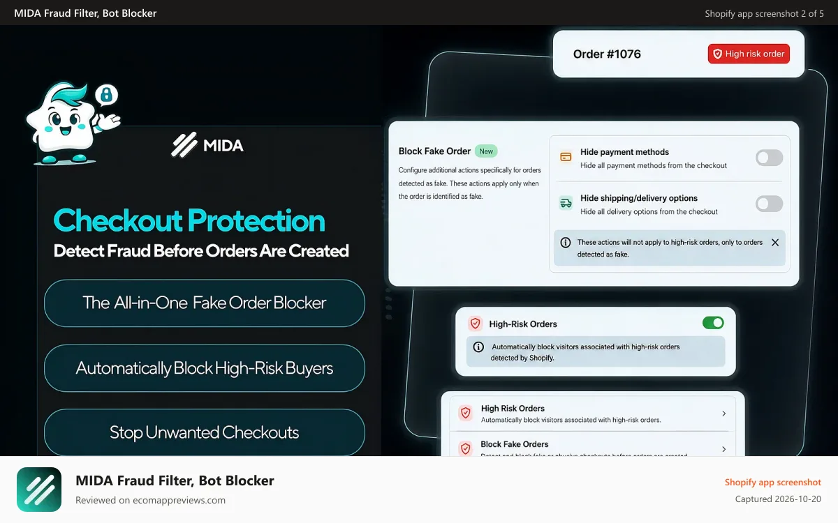 MIDA Fraud Filter, Bot Blocker Shopify app screenshot: Checkout Protection: Detect Fraud Before Orders Are Created