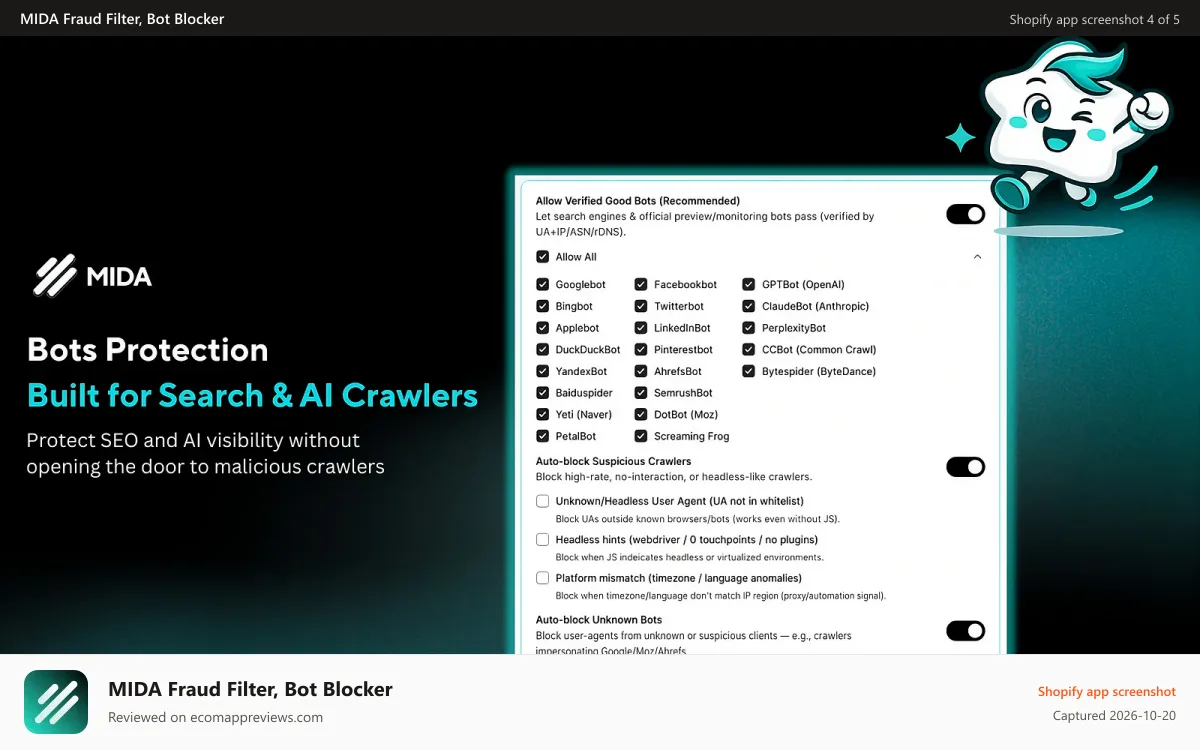 MIDA Fraud Filter, Bot Blocker Shopify app screenshot: Bots Protection: Built for Search & AI Crawlers