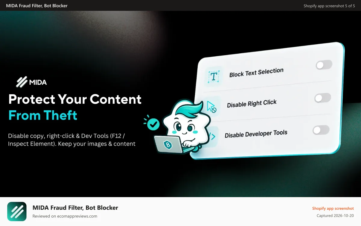 MIDA Fraud Filter, Bot Blocker Shopify app screenshot: Protect Your Content From Theft