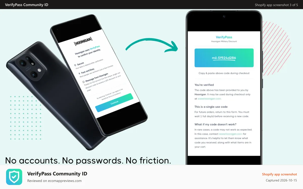 VerifyPass Community ID Shopify app screenshot: No accounts are required to complete verification