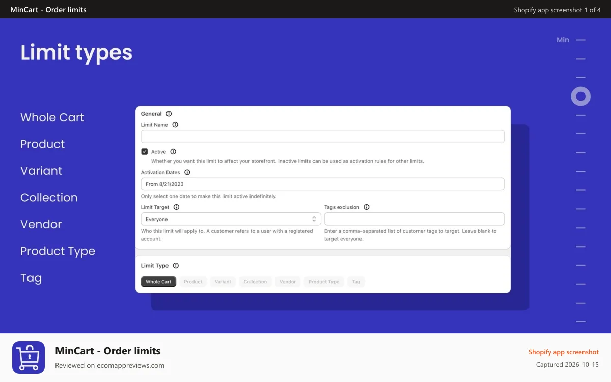 MinCart ‑ Order limits Shopify app screenshot: MinCart Limit Types