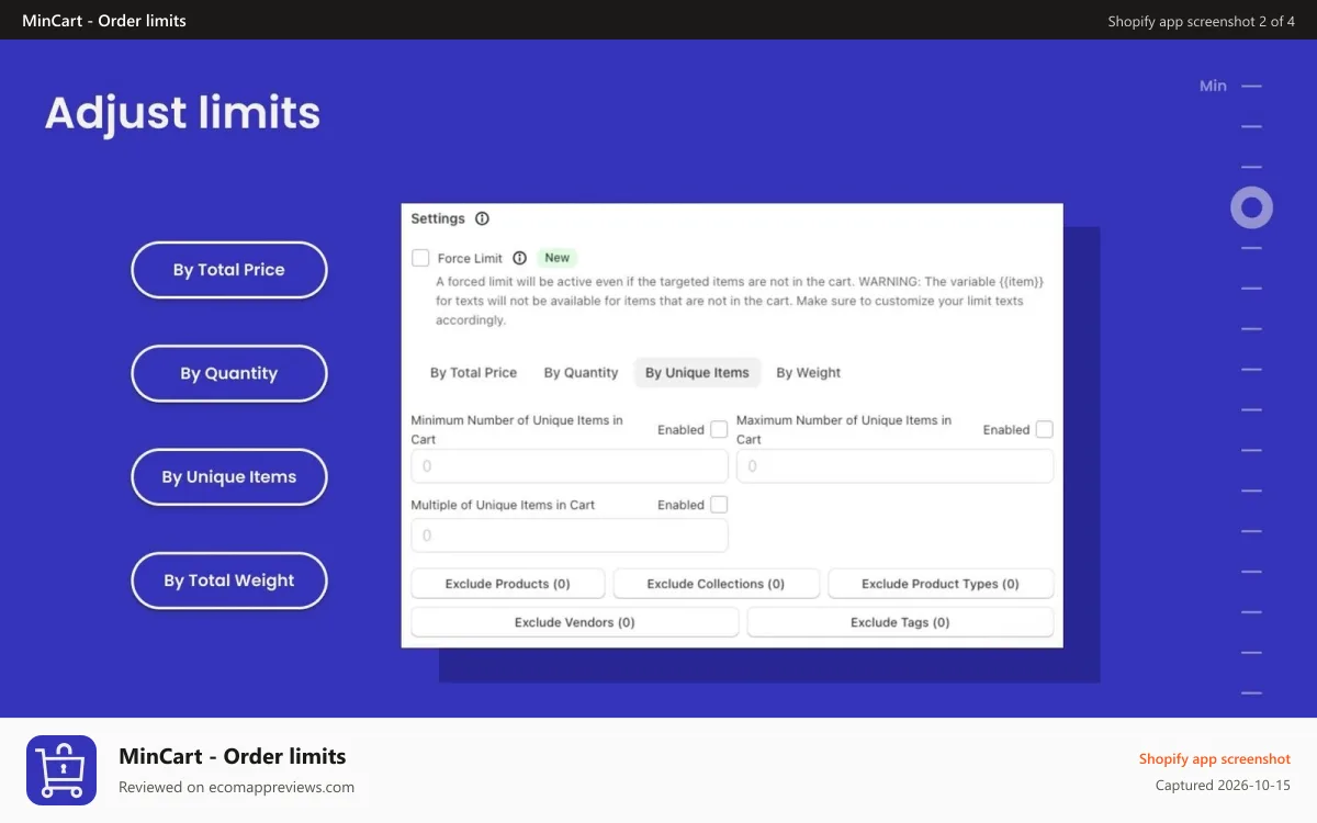 MinCart ‑ Order limits Shopify app screenshot: MinCart Adjust Limits