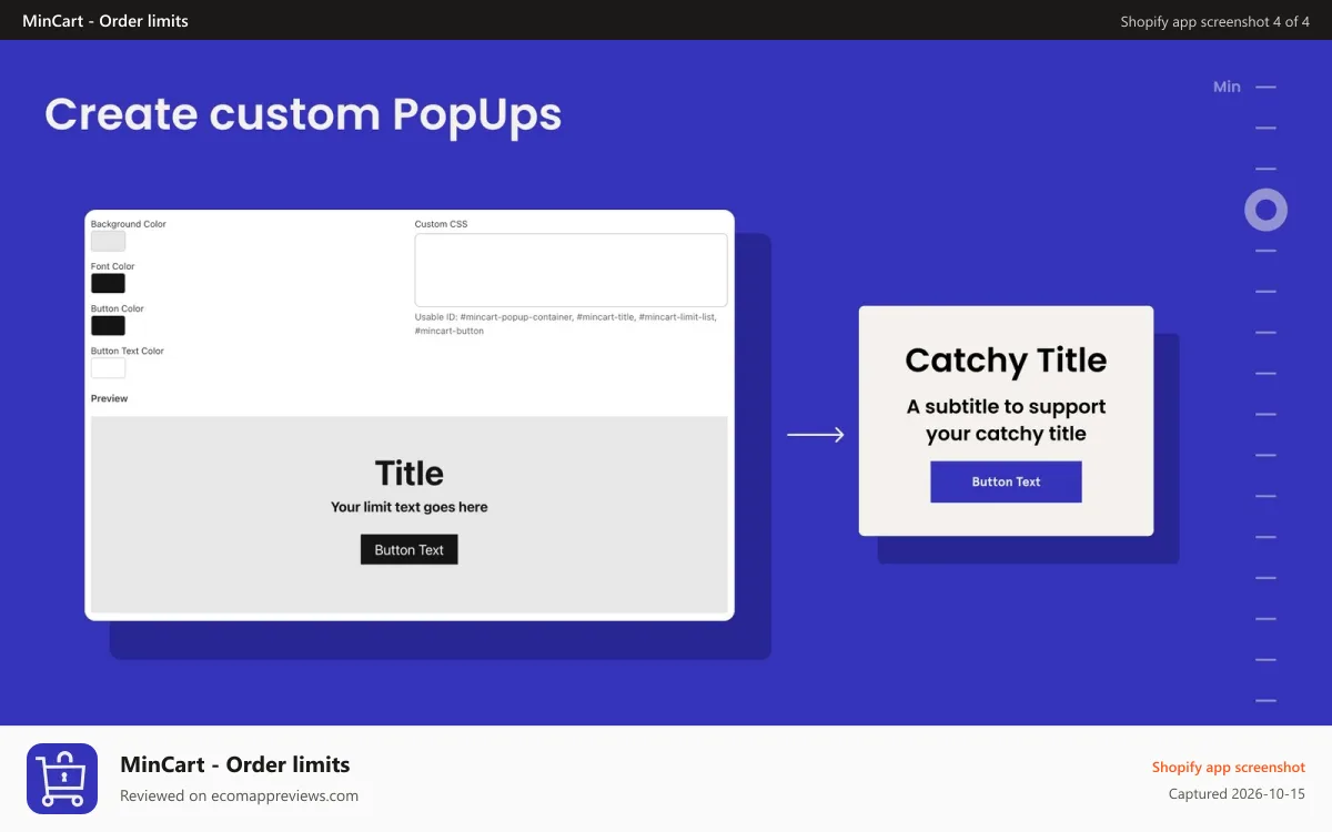 MinCart ‑ Order limits Shopify app screenshot: MinCart Custom Popups