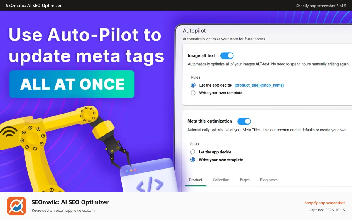 SEOmatic: AI SEO Optimizer Shopify app screenshot: Shopify SEO Image & Speed Optimizer App