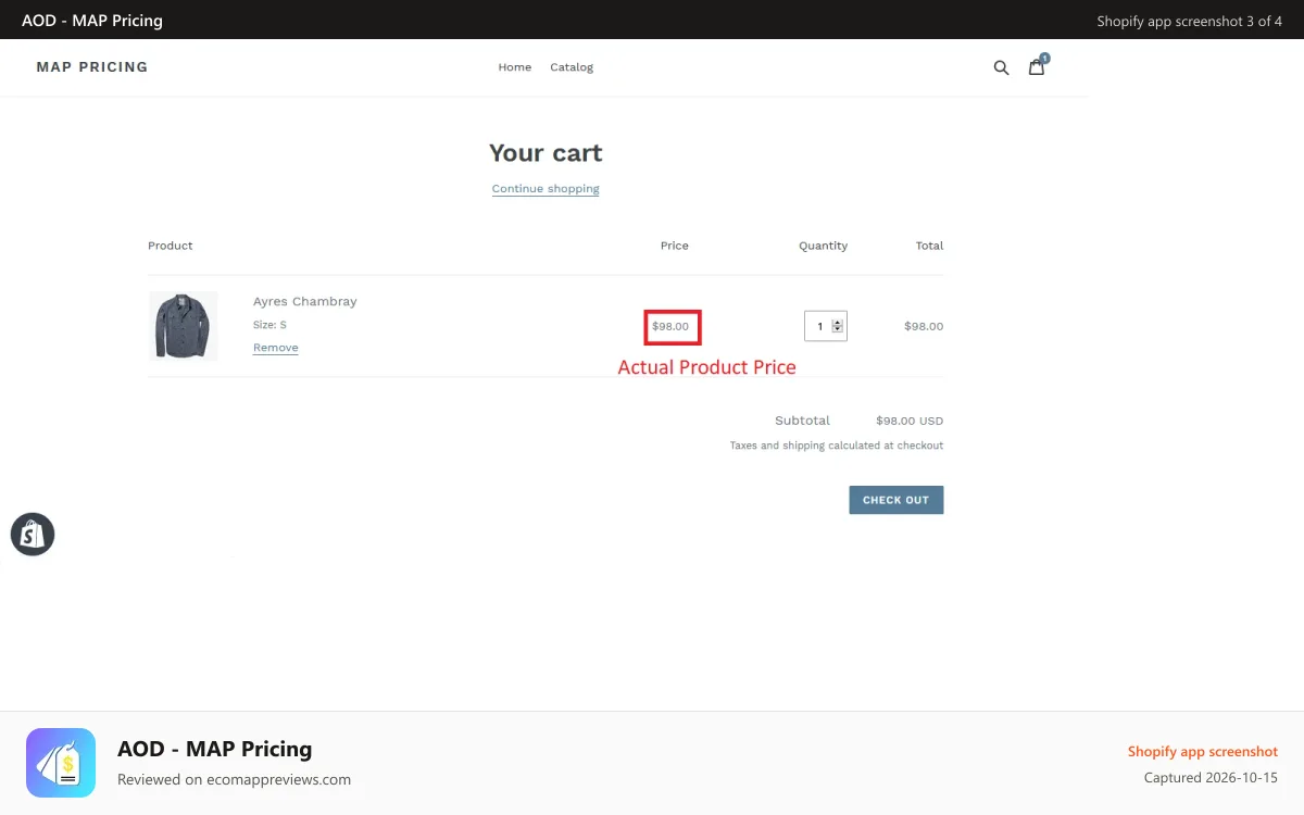 AOD ‑ MAP Pricing Shopify app screenshot: Cart Page