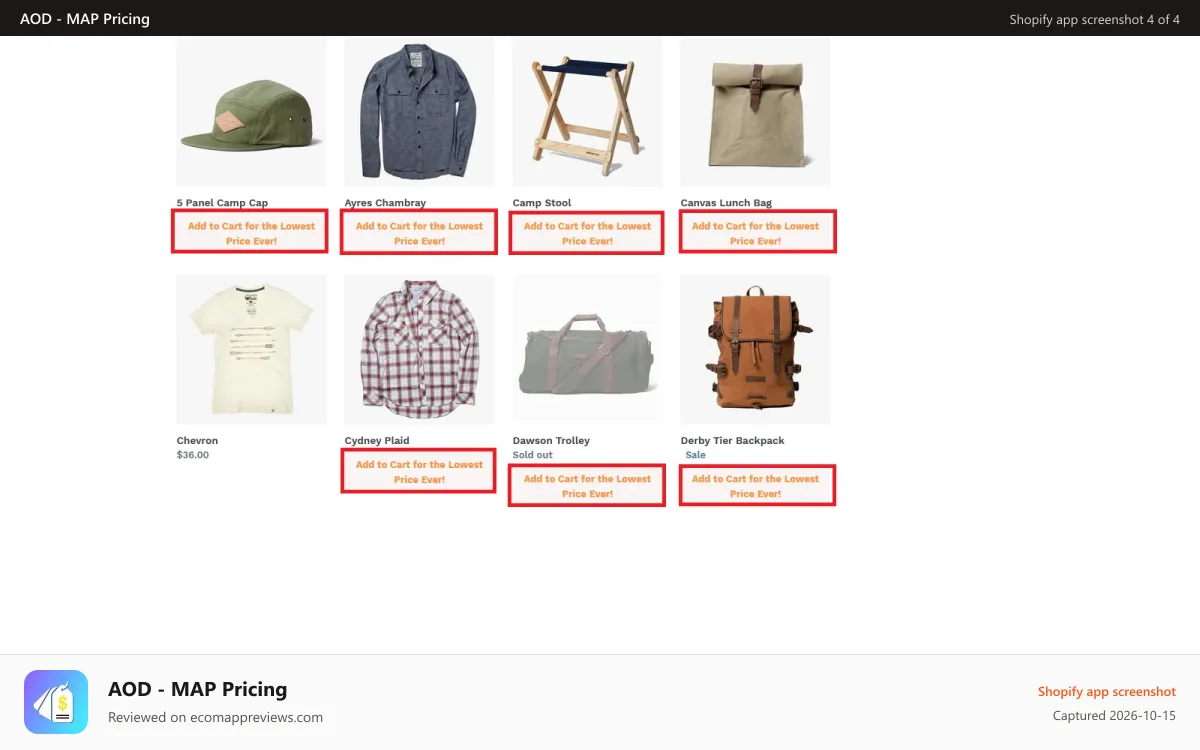 AOD ‑ MAP Pricing Shopify app screenshot: Collection Page