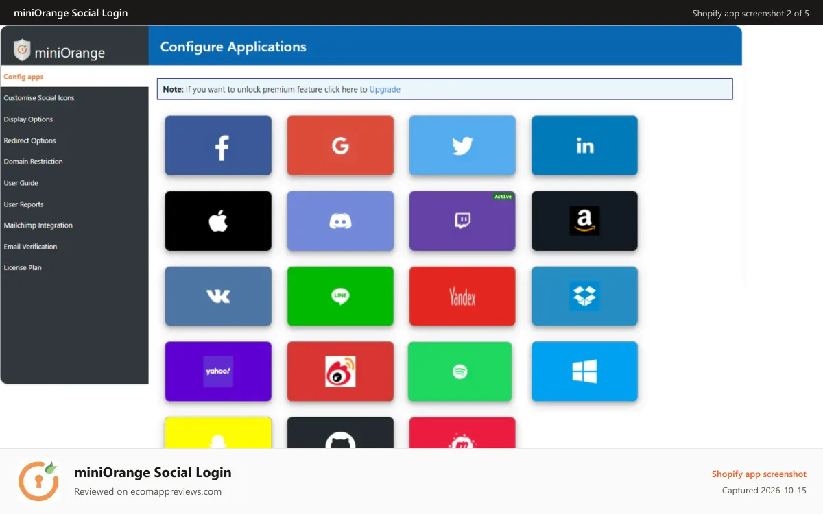 miniOrange Social Login Shopify app screenshot: social login network