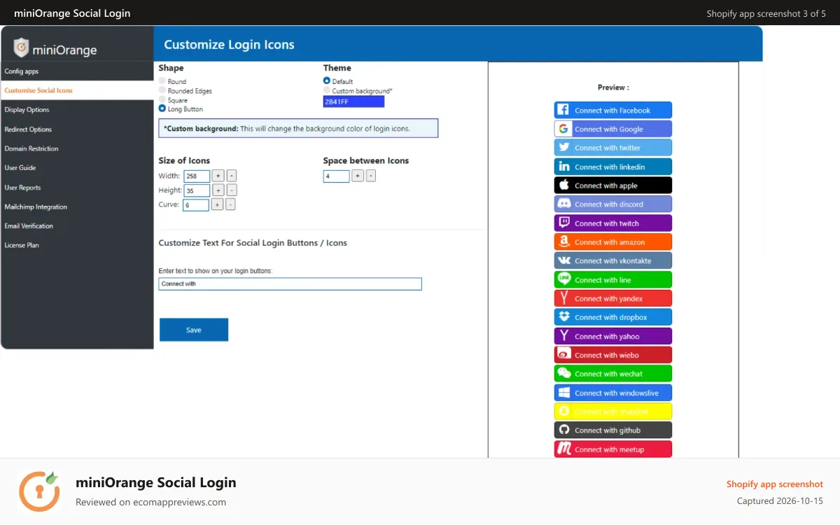 miniOrange Social Login Shopify app screenshot: Customize social login icons