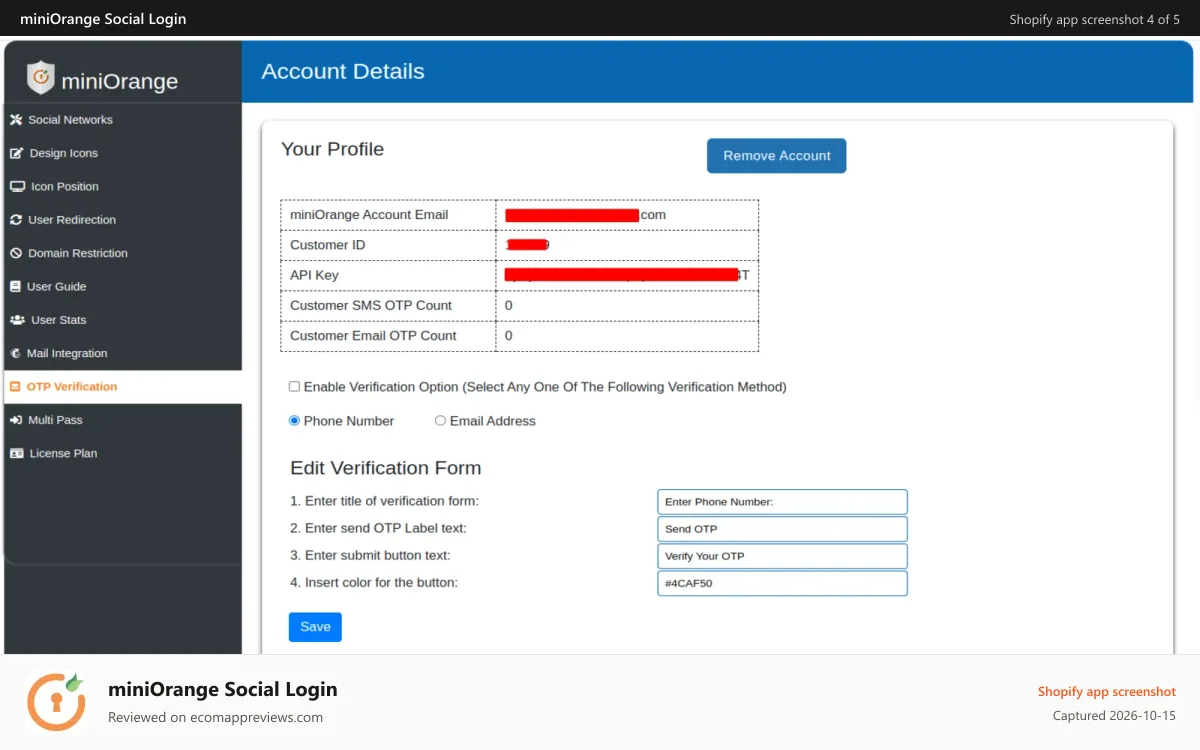 miniOrange Social Login Shopify app screenshot: OTP Verification on phone and email