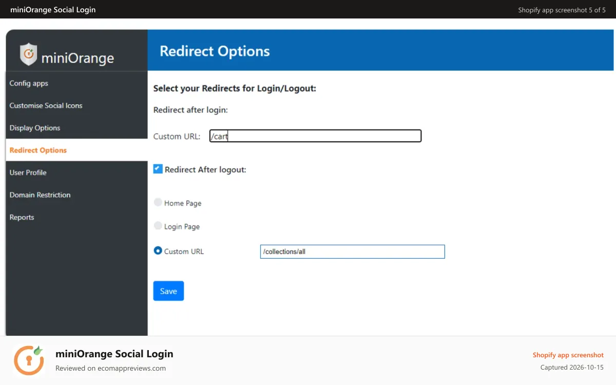 miniOrange Social Login Shopify app screenshot: User Redirection on login register