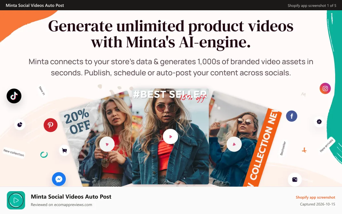 Minta Social Videos Auto Post Shopify app screenshot: Your entire store catalog turned into stunning videos for social