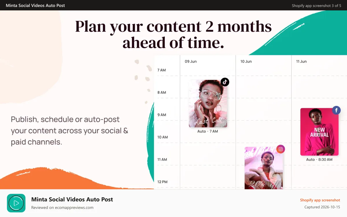 Minta Social Videos Auto Post Shopify app screenshot: focus on your product while Minta auto share them to the world