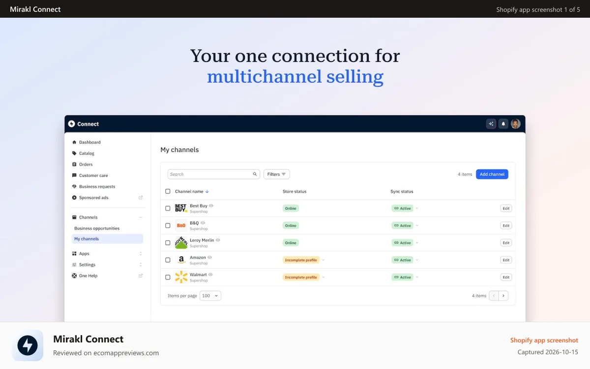 Mirakl Connect Shopify app screenshot: Multichannel Selling