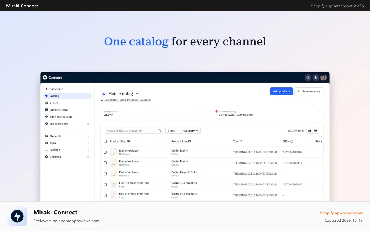 Mirakl Connect Shopify app screenshot: One Catalog for every channel