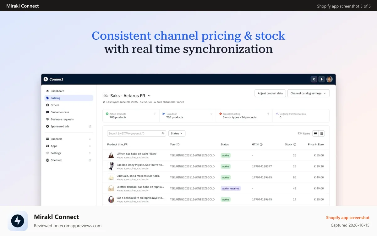 Mirakl Connect Shopify app screenshot: real time stocl & price sync