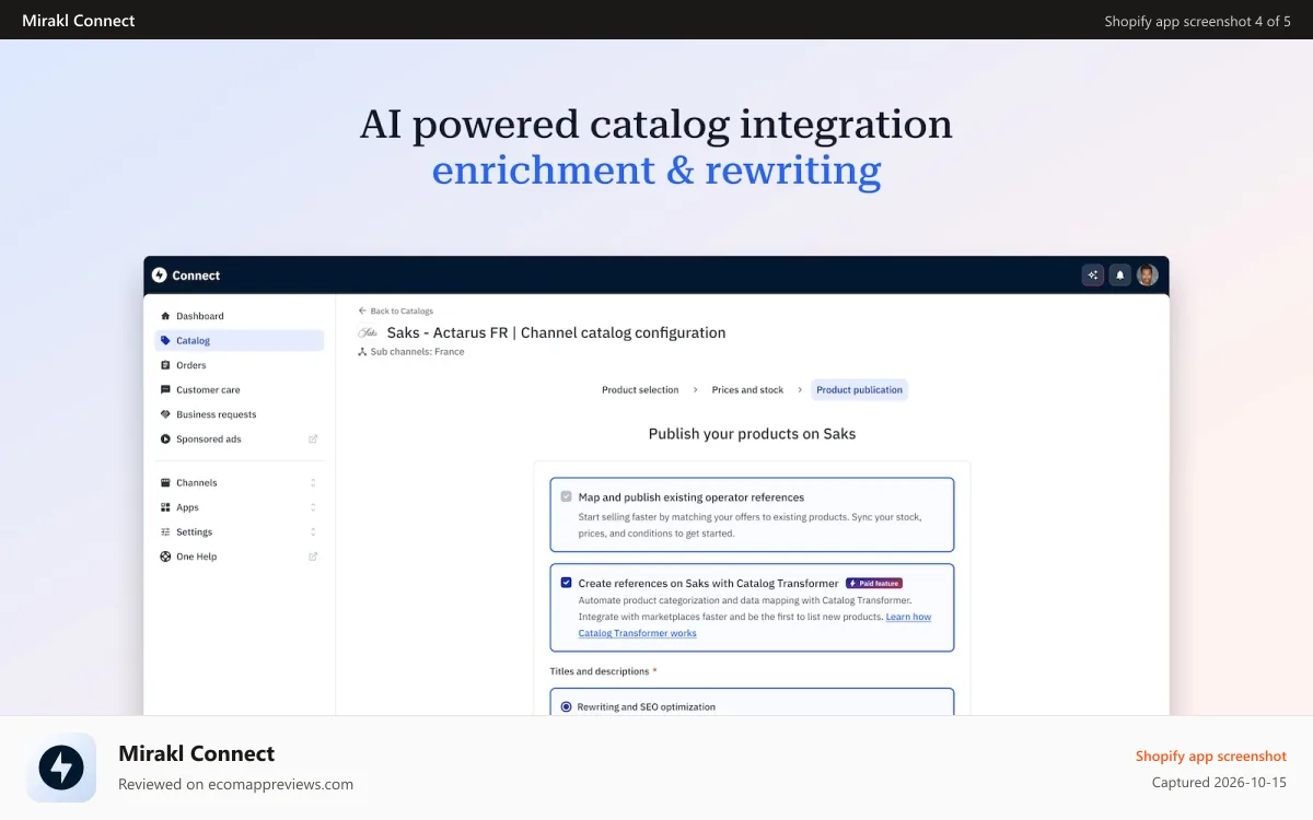 Mirakl Connect Shopify app screenshot: AI powered catalog integration