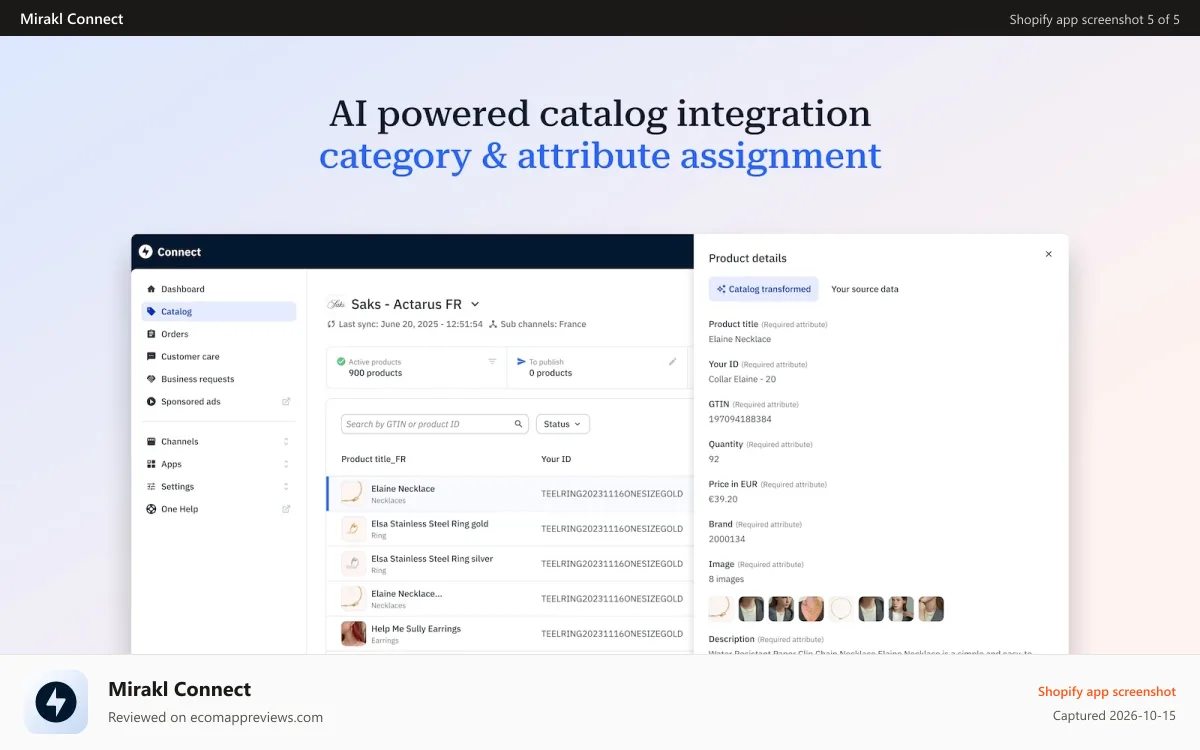 Mirakl Connect Shopify app screenshot: AI powered catalog integration category & attribute assignment