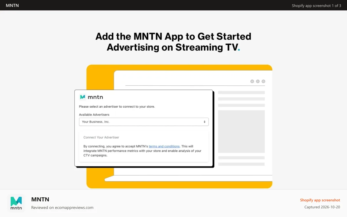MNTN Shopify app screenshot: Add MNTN app to get started advertising on streaming TV.