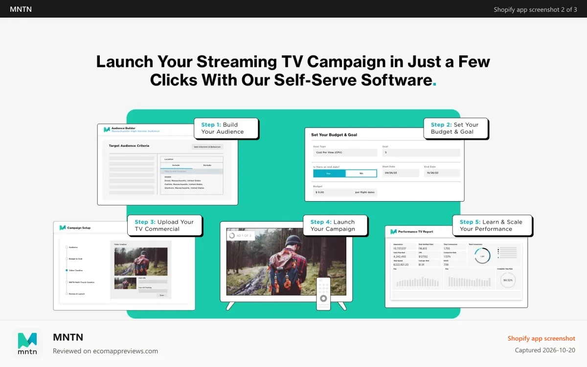 MNTN Shopify app screenshot: Launch your streaming TV campaign in just a few clicks.